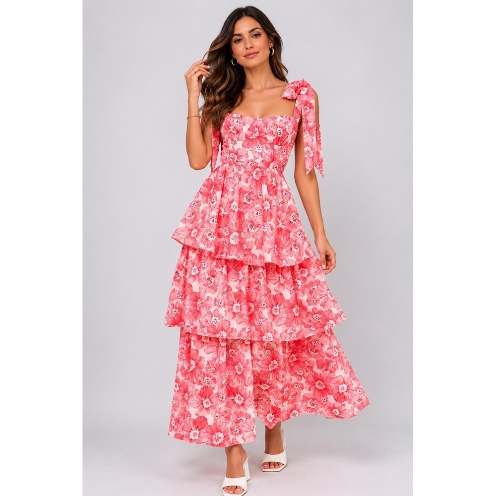 SELFIE LESLIE Women's Midi Dress Floral Pink Tropical LARGE 149312
